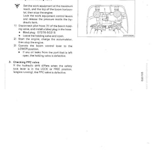 Pu&ograve; includere: Diagramma tecnico con istruzioni per controllare la valvola di ritegno del braccio e la valvola PPC di una macchina. L'immagine include un'illustrazione dettagliata e passaggi numerati.