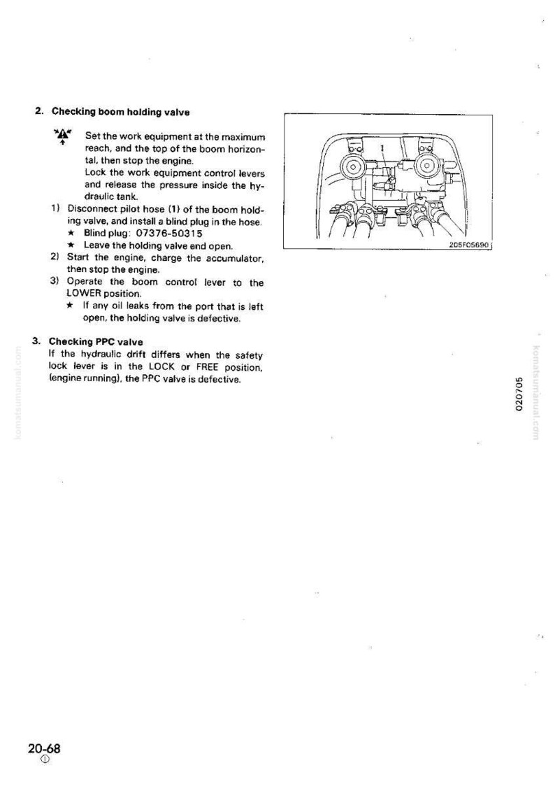Pu&ograve; includere: Diagramma tecnico con istruzioni per controllare la valvola di ritegno del braccio e la valvola PPC di una macchina. L'immagine include un'illustrazione dettagliata e passaggi numerati.
