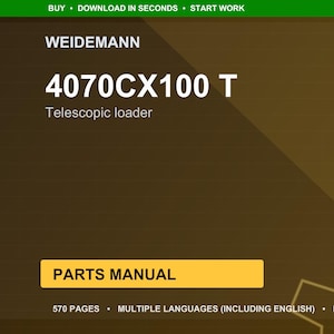 May include: A parts manual for a Weidemann 4070CX100 T telescopic loader. The cover is a gradient of brown and gold with the text "PARTS MANUAL" in a yellow rectangle. The manual has 570 pages and is available in multiple languages.