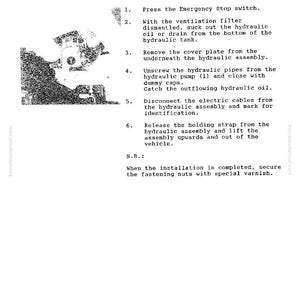 May include: A page from a manual detailing the hydraulic system, with instructions for removing and installing the hydraulic assembly. The text includes steps like pressing the emergency stop switch and disconnecting cables. The page is in black and white.