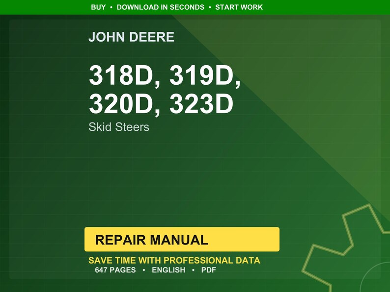 May include: A green background with the text "JOHN DEERE" and the model numbers "318D, 319D, 320D, 323D" for Skid Steers. A yellow rectangle reads "REPAIR MANUAL" with details about the manual.