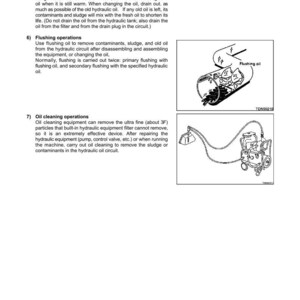 May include: A page from a manual detailing hydraulic oil maintenance. The text describes oil changes, flushing operations, and oil cleaning procedures. Diagrams illustrate the processes, including a labeled "Flushing oil" graphic.