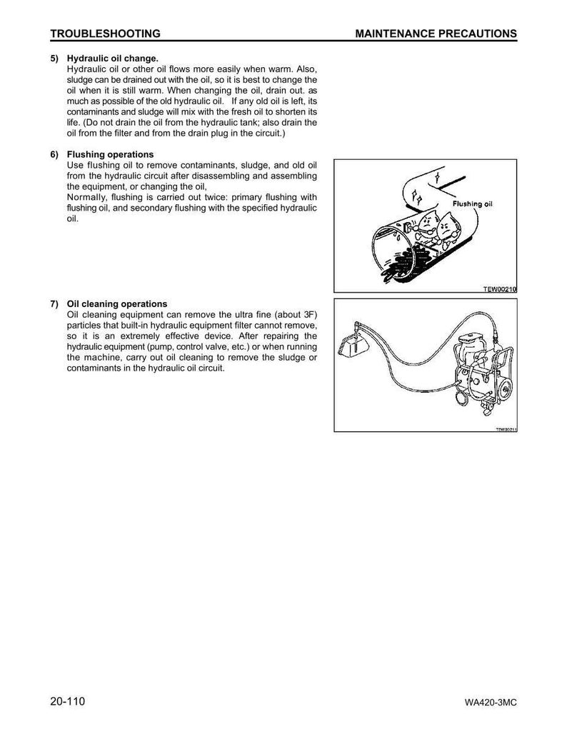 May include: A page from a manual detailing hydraulic oil maintenance. The text describes oil changes, flushing operations, and oil cleaning procedures. Diagrams illustrate the processes, including a labeled "Flushing oil" graphic.