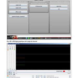 May include: A computer screen displays diagnostic software with multiple tabs and data visualizations. The interface includes options for engine load, start, and brake, along with graphical displays of engine performance metrics.