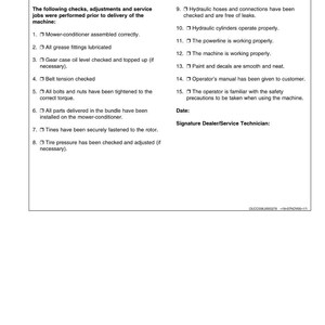 May include: A white document titled "Predelivery Inspection" with a list of checks for a machine. The list includes items like "Mower-conditioner assembled correctly" and "Hydraulic hoses and connections have been checked."