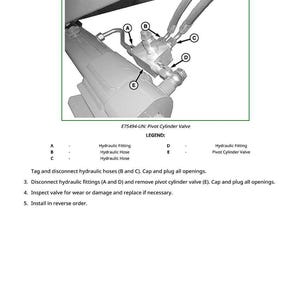 May include: Diagram of a pivot cylinder valve assembly with hydraulic fittings and hoses. The image includes labels A, B, C, D, and E, and instructions for disconnecting and inspecting the valve. Text includes "E75494-UN: Pivot Cylinder Valve" and a legend.