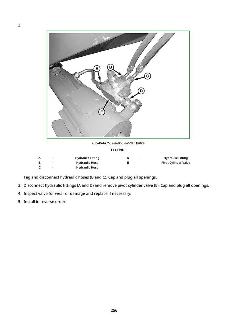 May include: Diagram of a pivot cylinder valve assembly with hydraulic fittings and hoses. The image includes labels A, B, C, D, and E, and instructions for disconnecting and inspecting the valve. Text includes "E75494-UN: Pivot Cylinder Valve" and a legend.