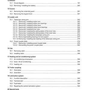 May include: A detailed contents list from a Weidemann manual, covering sections like electrics, covers, loader unit, and cab. The document is in English, with page numbers and section titles.