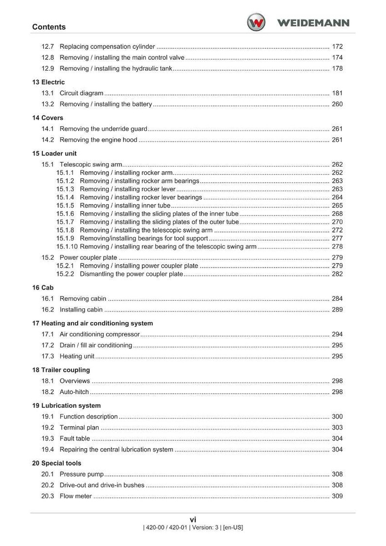 May include: A detailed contents list from a Weidemann manual, covering sections like electrics, covers, loader unit, and cab. The document is in English, with page numbers and section titles.