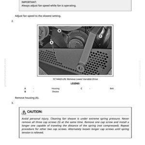 May include: Diagram of a cleaning fan lower variable drive with labels and instructions. The image includes a detailed view of the fan's components, including the housing, sheave, and belt, with a caution notice about personal injury.