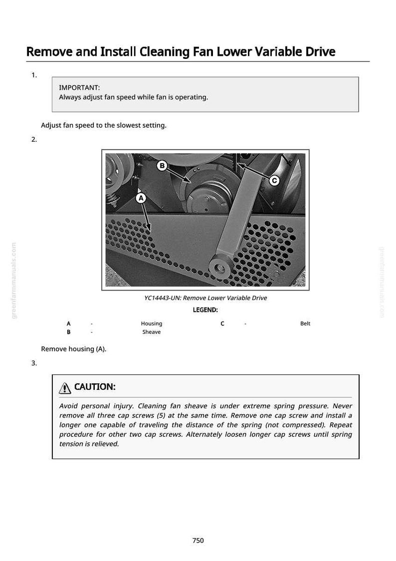 May include: Diagram of a cleaning fan lower variable drive with labels and instructions. The image includes a detailed view of the fan's components, including the housing, sheave, and belt, with a caution notice about personal injury.