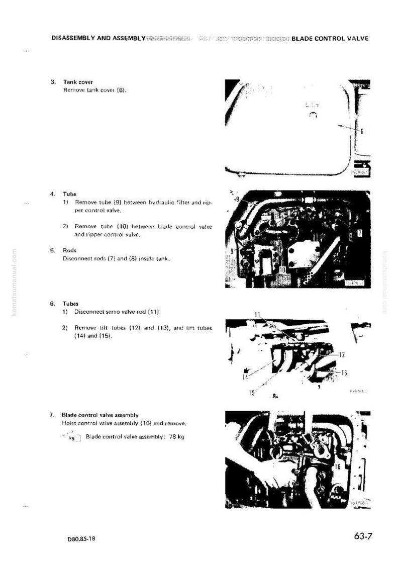 May include: Diagram illustrating the disassembly of a blade control valve assembly. Includes images of the tank cover, tubes, rods, and servo valve rod. The blade control valve assembly weighs 78 kg.