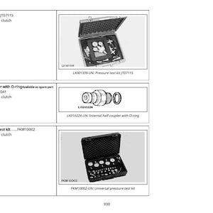 May include: Image of a page with three product listings. The top listing shows a pressure test kit in a case. The middle listing shows an internal half coupler with an O-ring. The bottom listing shows a universal pressure test kit in a case.