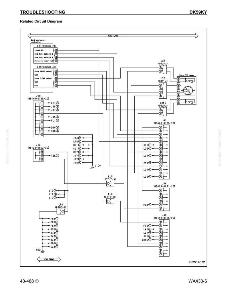 May include: A detailed circuit diagram labeled "TROUBLESHOOTING" and "Related Circuit Diagram." The diagram features numerous labeled components, lines, and connectors, with text including "DK59KY" and "WA430-6." The layout is complex, with various electrical symbols and notations.
