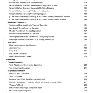 May include: A white page with a table of contents from a manual. The text includes wiring diagrams, component locations, and diagnostic information. The page numbers are on the right side.