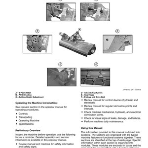 May include: An instructional manual page with diagrams and text detailing machine components and operation. The page includes labeled diagrams of parts like the 3-point hitch, PTO driveline, and cutting height adjustment, along with operational instructions.