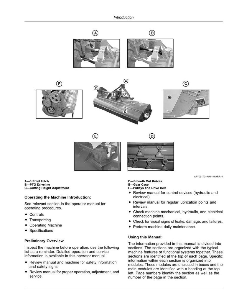 May include: An instructional manual page with diagrams and text detailing machine components and operation. The page includes labeled diagrams of parts like the 3-point hitch, PTO driveline, and cutting height adjustment, along with operational instructions.