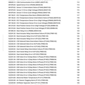 May include: A detailed list of engine and system error codes, including Rack Actuator, Sensor, and ECU Temperature errors. The text is organized with code numbers and descriptions, useful for automotive diagnostics and repair.