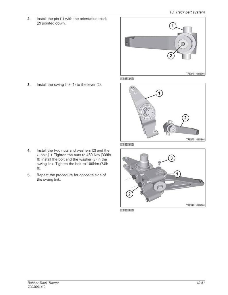 May include: Diagram of a track belt system with numbered components. Instructions include installing pins, swing links, nuts, washers, and U-bolts. The diagram shows the assembly process for a rubber track tractor.