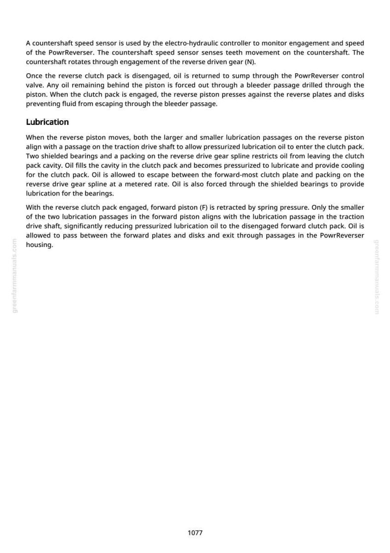 May include: A page from a greenfarmmanuals.com manual explaining the PowrReverser system. The text describes the countershaft speed sensor, reverse clutch pack, and lubrication processes. The number 1077 is at the bottom of the page.