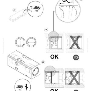 Op de afbeelding: Technische tekening van een mechanisch onderdeel met verschillende aanzichten en instructies. Bevat een rechthoekig onderdeel, cirkelvormige doorsneden en illustraties met de labels "OK" en "STOP". Tekst: "KOMATSU" en modelinformatie.