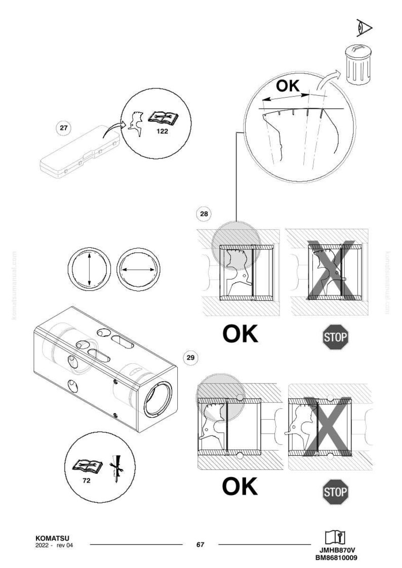 Op de afbeelding: Technische tekening van een mechanisch onderdeel met verschillende aanzichten en instructies. Bevat een rechthoekig onderdeel, cirkelvormige doorsneden en illustraties met de labels "OK" en "STOP". Tekst: "KOMATSU" en modelinformatie.