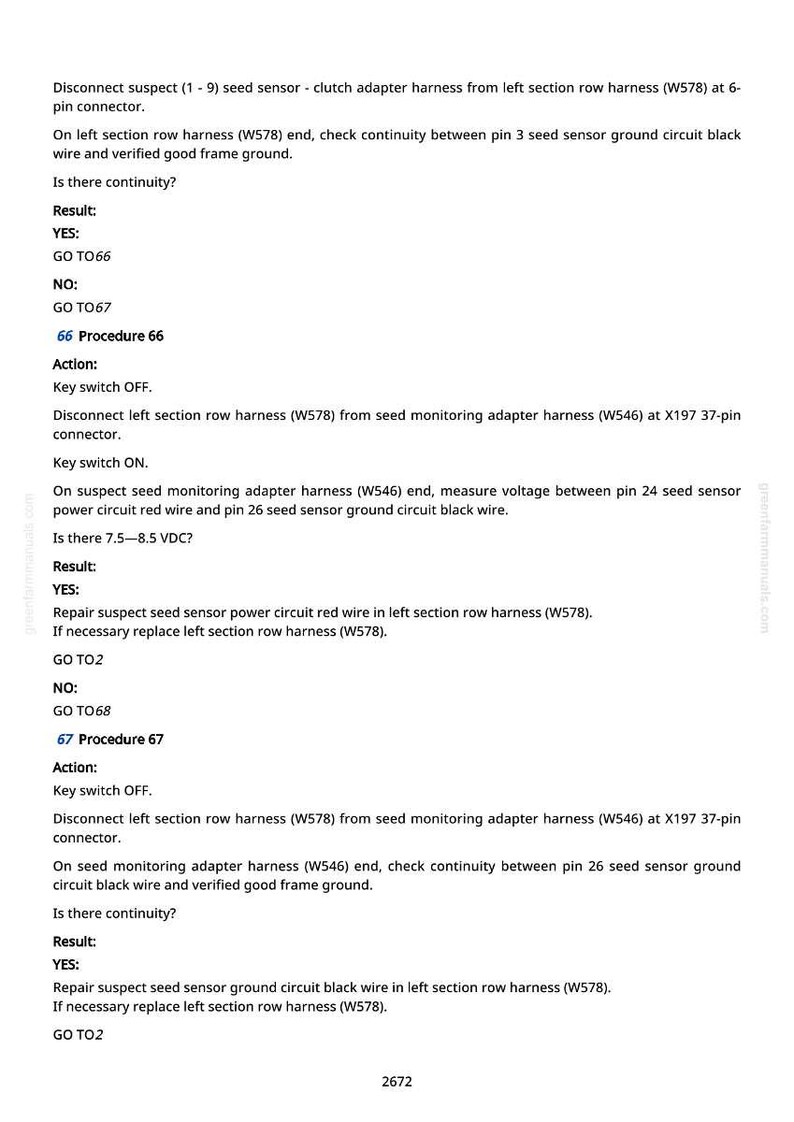 May include: A white document with black text detailing procedures for a seed sensor and clutch adapter harness. The text includes instructions, results, and voltage measurements for troubleshooting. The document is for agricultural equipment.