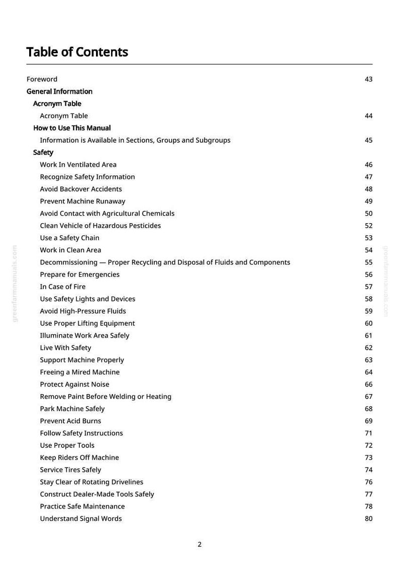 May include: A page from a manual titled "Table of Contents" with a list of safety and operational topics. The text is black on a white background. Topics include safety, maintenance, and emergency procedures.