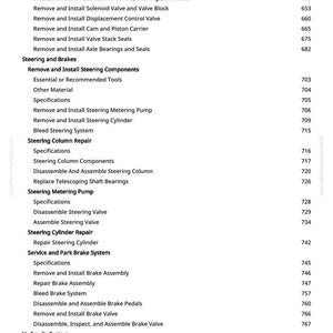 Puede incluir: Una p&aacute;gina de manual con una lista de procedimientos de reparaci&oacute;n de autom&oacute;viles, incluyendo direcci&oacute;n, frenos y sistemas hidr&aacute;ulicos. El texto es negro sobre fondo blanco, con t&iacute;tulos de secci&oacute;n y n&uacute;meros de p&aacute;gina.