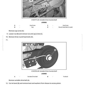 May include: Diagram of a variable drive countershaft with labeled parts, including cap screws, nuts, and bolts. The image shows the removal of a variable drive belt and tie band.