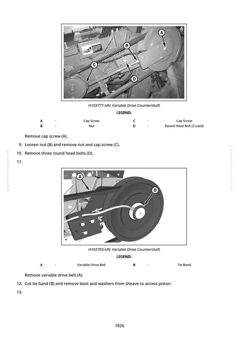 May include: Diagram of a variable drive countershaft with labeled parts, including cap screws, nuts, and bolts. The image shows the removal of a variable drive belt and tie band.