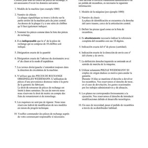 以下が含まれることがあります： フランス語とスペイン語で書かれた、スペアパーツの注文方法を説明するページ。機械のモデル、シャーシ番号、部品の識別に関する情報が含まれています。このページはマニュアルからのものです。