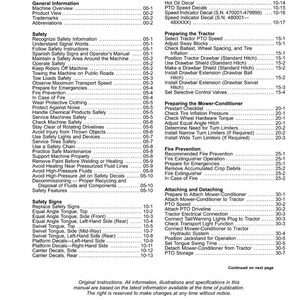 May include: A table of contents page from an operator's manual, listing safety information, safety signs, and procedures for operating and maintaining machinery. The page includes a copyright notice.
