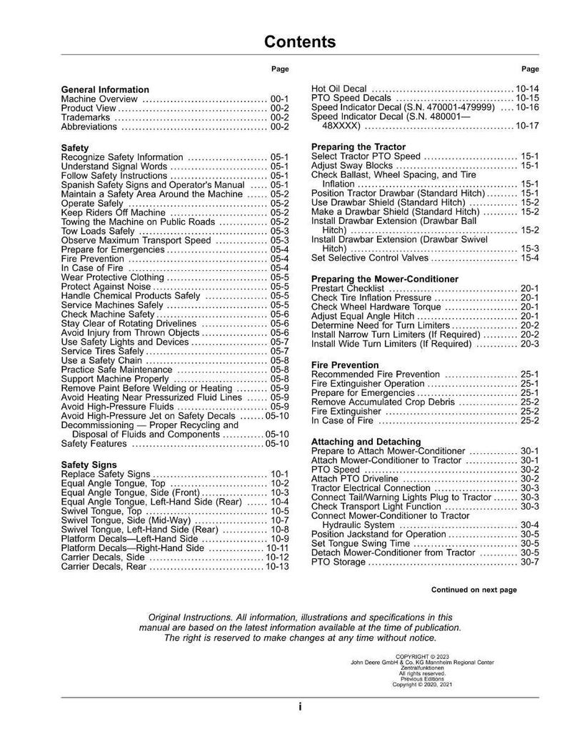 May include: A table of contents page from an operator's manual, listing safety information, safety signs, and procedures for operating and maintaining machinery. The page includes a copyright notice.