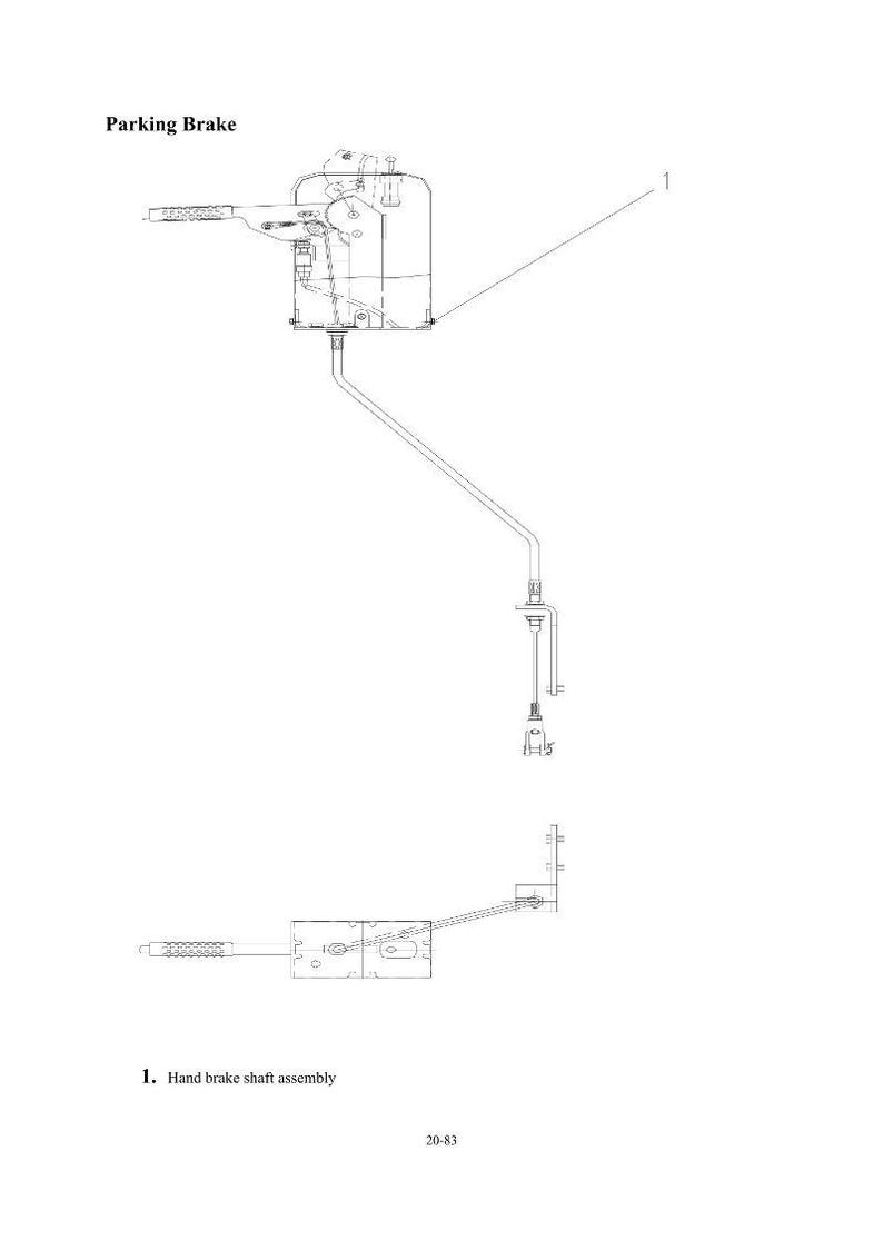 Puede incluir: Dibujo t&eacute;cnico de un freno de estacionamiento, etiquetado como "Parking Brake". La imagen muestra un conjunto del eje del freno de mano y otros componentes mec&aacute;nicos. El texto incluye "1. Hand brake shaft assembly" y el n&uacute;mero "20-83".