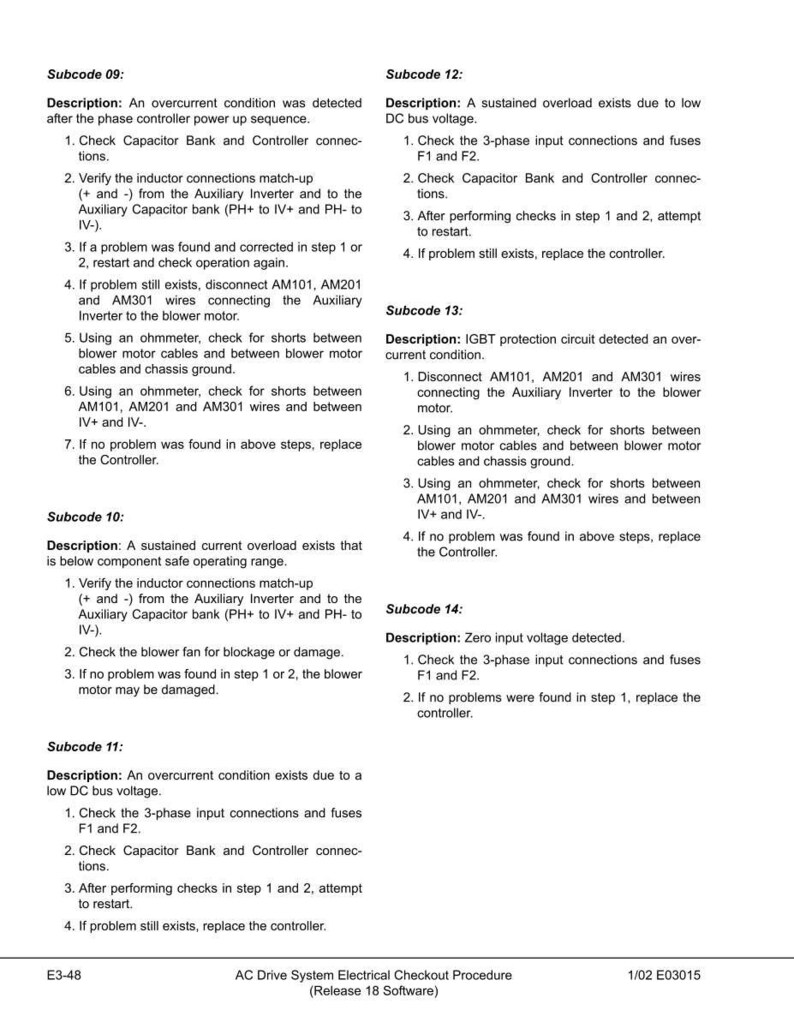 May include: A technical document titled "AC Drive System Electrical Checkout Procedure" with subcodes detailing troubleshooting steps for electrical faults. Includes diagrams and instructions for maintenance.