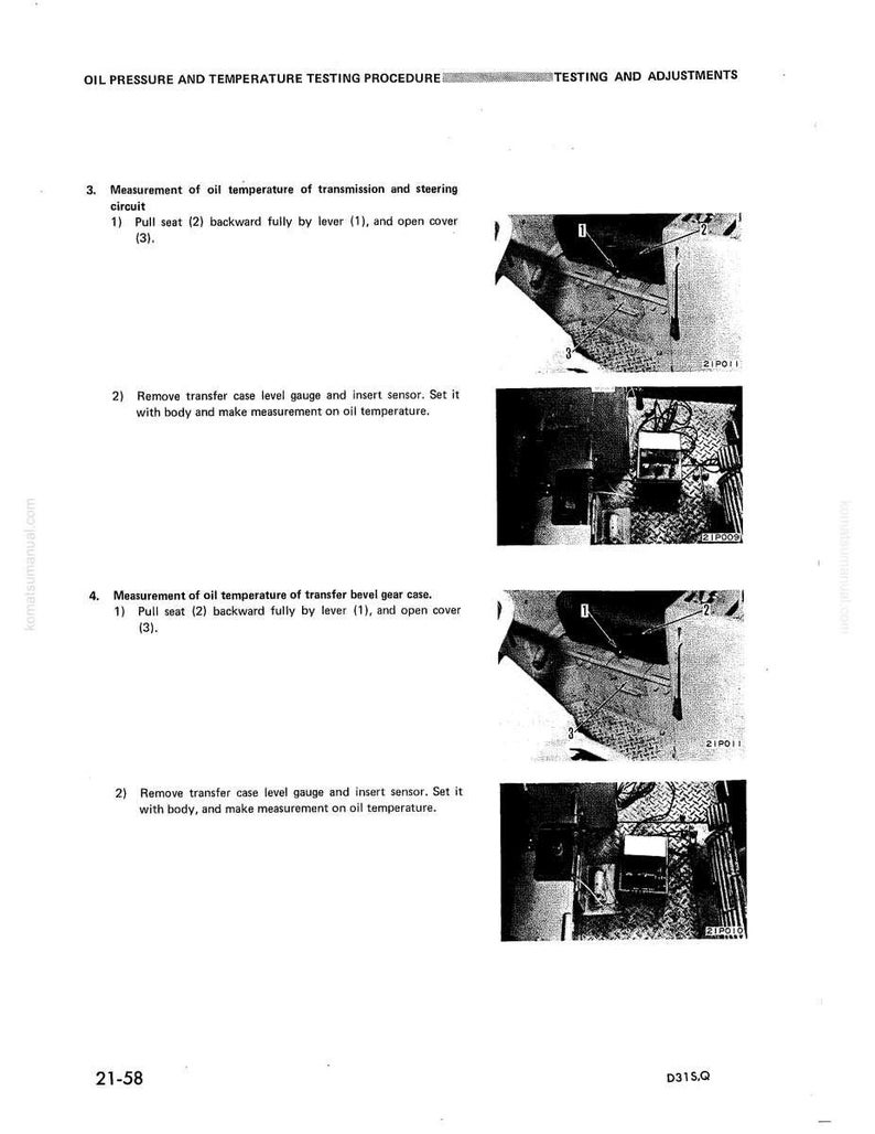 May include: A page from a manual with the title "OIL PRESSURE AND TEMPERATURE TESTING PROCEDURE". The page includes instructions and diagrams for measuring oil temperature in a transmission and transfer case. The page number is 21-58.