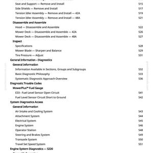 May include: A page from a manual with a list of mower repair and maintenance topics, including "Fender Deck - Remove and Install" and "Engine System Diagnostics - S220." The text is black on a white background.