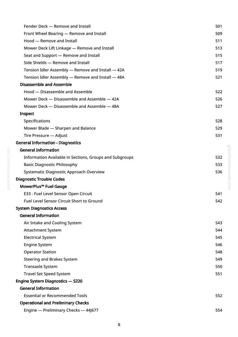 May include: A page from a manual with a list of mower repair and maintenance topics, including "Fender Deck - Remove and Install" and "Engine System Diagnostics - S220." The text is black on a white background.