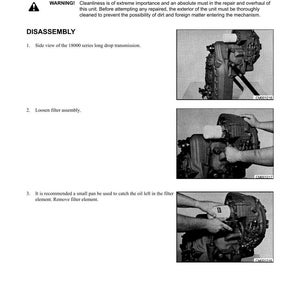 Puede incluir: Una p&aacute;gina de manual que detalla el desmontaje de una transmisi&oacute;n. El texto dice "Transmission 18000 Series 6 Speed" e incluye advertencias sobre la limpieza. Las im&aacute;genes muestran el proceso, incluyendo la liberaci&oacute;n del conjunto del filtro.