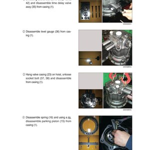 May include: Diagram illustrating mechanical disassembly procedures. The image presents detailed instructions with photographs. Text includes "DISASSEMBLY" and numbered steps for removing components such as the drive shaft and level gauge.