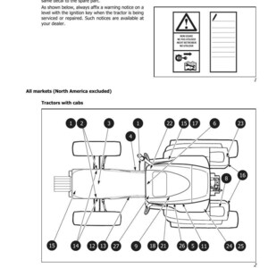 May include: Diagram of a tractor with cabs, featuring numbered parts and a warning sign. The image includes text in English, with a section titled "Danger Signs" and instructions for replacing parts.