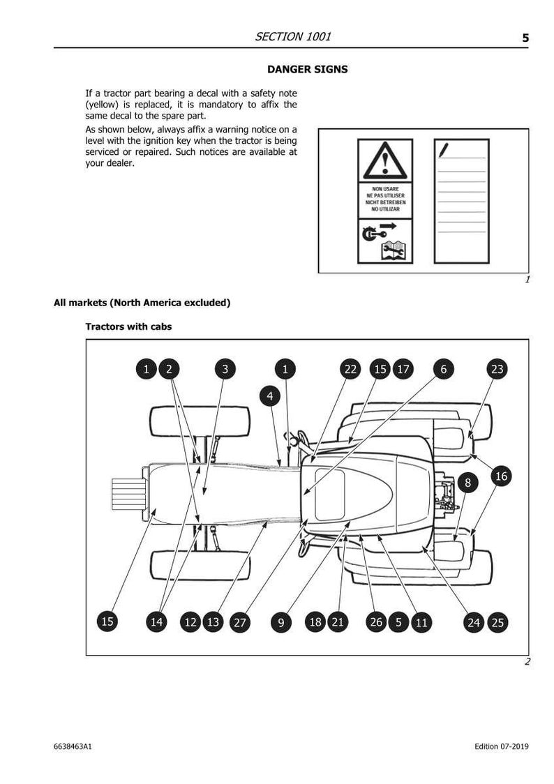 May include: Diagram of a tractor with cabs, featuring numbered parts and a warning sign. The image includes text in English, with a section titled "Danger Signs" and instructions for replacing parts.