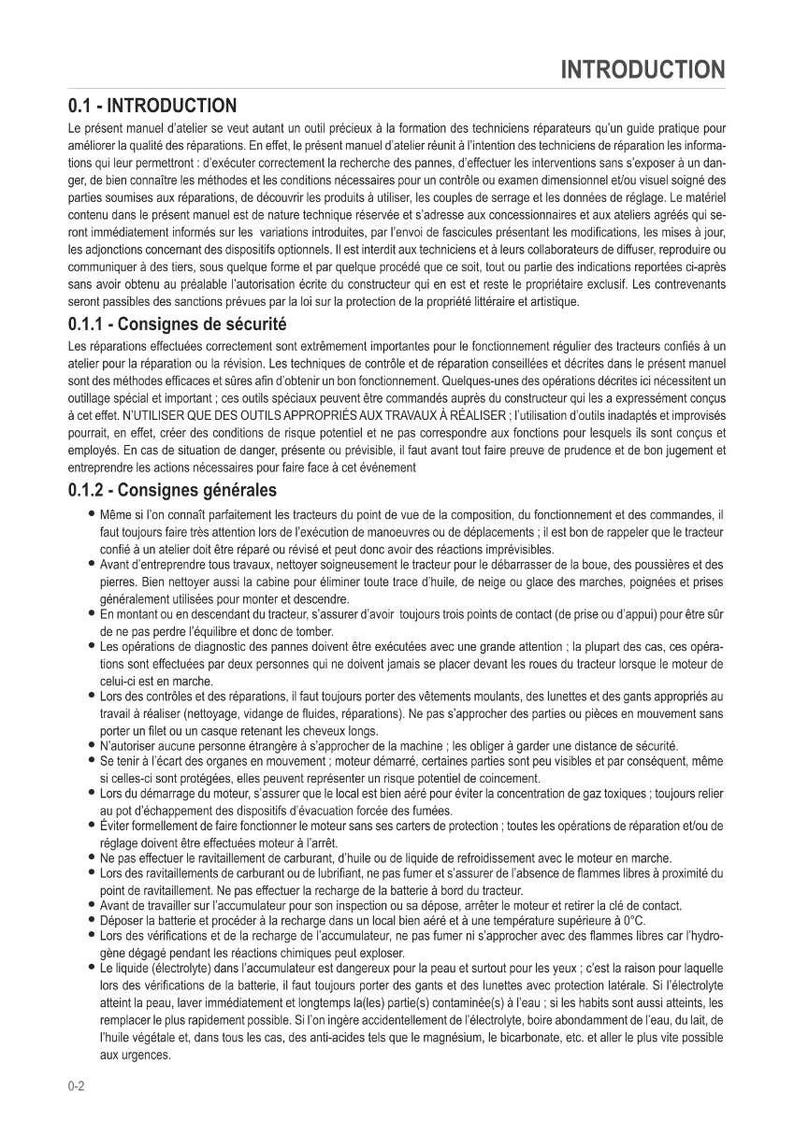 Pode incluir: Uma p&aacute;gina de um manual t&eacute;cnico, intitulada "INTRODU&Ccedil;&Atilde;O", detalhando as diretrizes de seguran&ccedil;a e gerais para reparo e manuten&ccedil;&atilde;o de tratores. O texto est&aacute; em franc&ecirc;s, com se&ccedil;&otilde;es sobre seguran&ccedil;a, conselhos gerais e avisos.