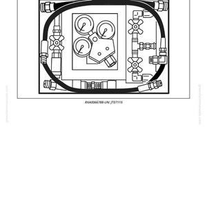 May include: A black and white diagram of a Master Hydraulic Test Kit. The kit includes gauges, valves, and a flexible hose. The text "JT07115 - Master Hydraulic Test Kit" is at the top. The text "RXA0066788-UN: JT07115" is at the bottom.
