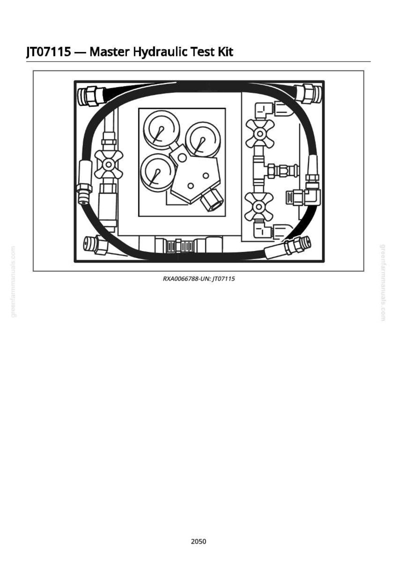 May include: A black and white diagram of a Master Hydraulic Test Kit. The kit includes gauges, valves, and a flexible hose. The text "JT07115 - Master Hydraulic Test Kit" is at the top. The text "RXA0066788-UN: JT07115" is at the bottom.