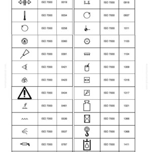 Op de afbeelding: Een zwart-wit tabel met ISO 7000-symbolen, waaronder waarschuwingsborden, pijlen en andere industri&euml;le pictogrammen. De tabel bevat het ISO 7000-nummer voor elk symbool. De onderkant van de tabel bevat de tekst "JMHB21H BM101105507".