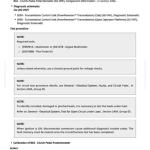 May include: A technical document titled "B65 - Clutch Pedal Potentiometer (5G VNF), Circuit Test." The document includes component information, diagnostic schematics, test procedures, and notes on required tools and voltage checks. The text is in black.