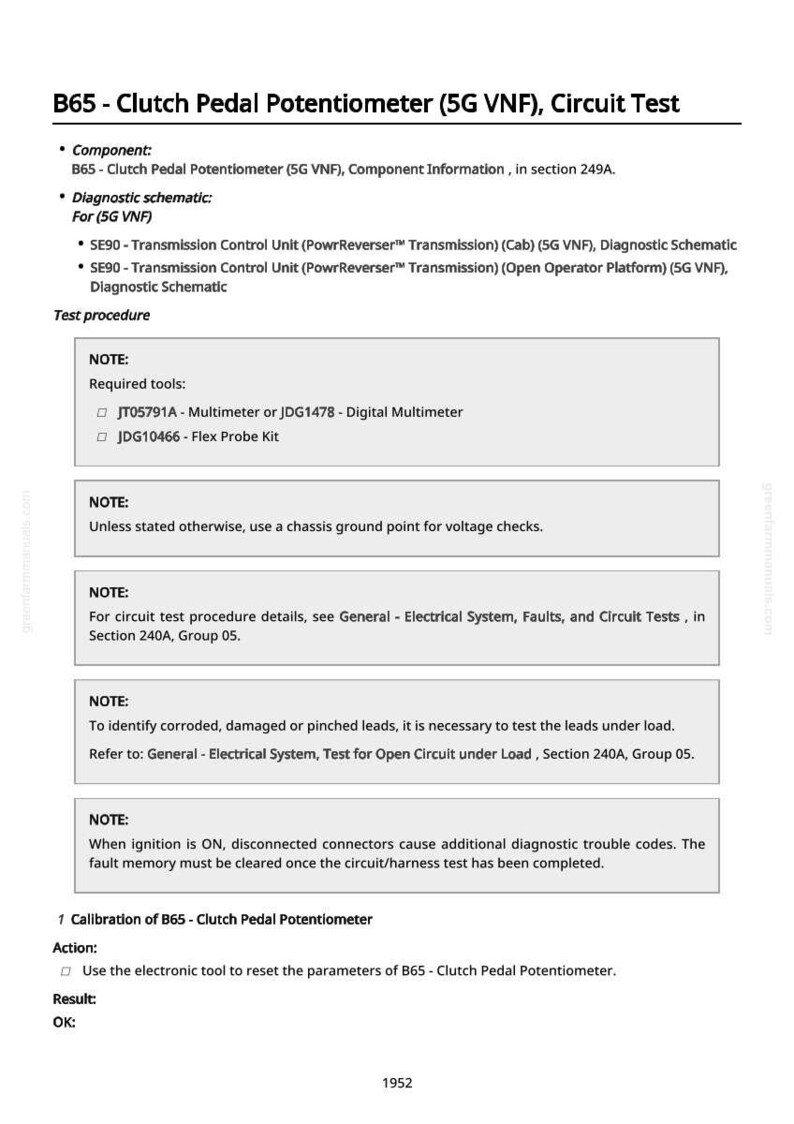 May include: A technical document titled "B65 - Clutch Pedal Potentiometer (5G VNF), Circuit Test." The document includes component information, diagnostic schematics, test procedures, and notes on required tools and voltage checks. The text is in black.