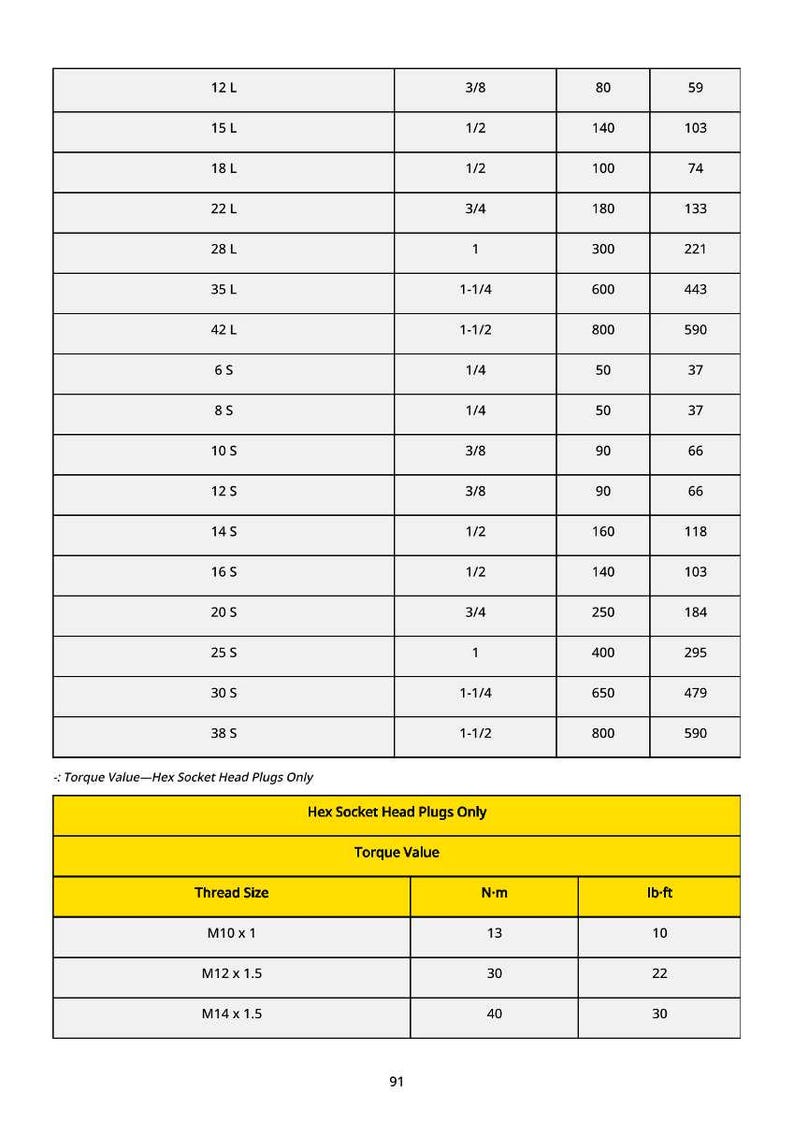 May include: A white chart with black text detailing torque values for hex socket head plugs. The chart includes thread sizes, torque values in N-m and lb-ft, and other specifications.